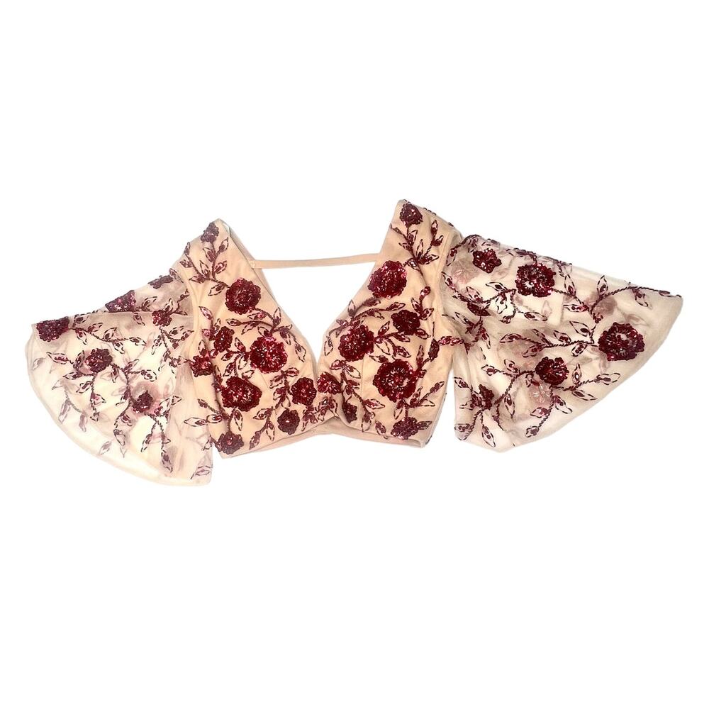 Rachel Allan crop top with flutter sleeves nude beaded size 4‎ Formal Prom Glitz